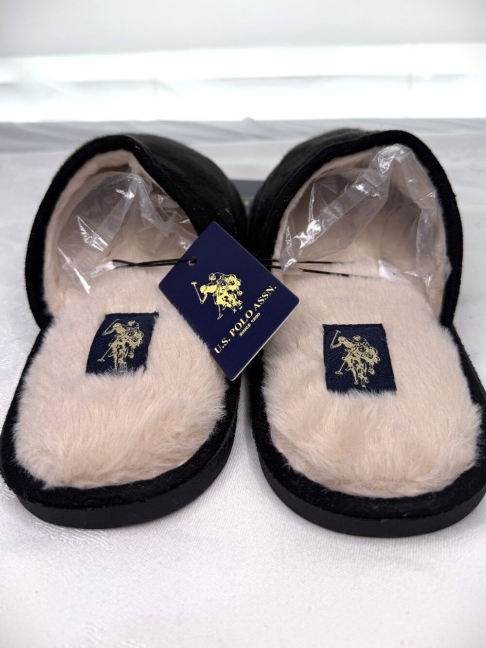 US Polo Assn Black Faux Fur Slippers Men's Medium (9/10)  New